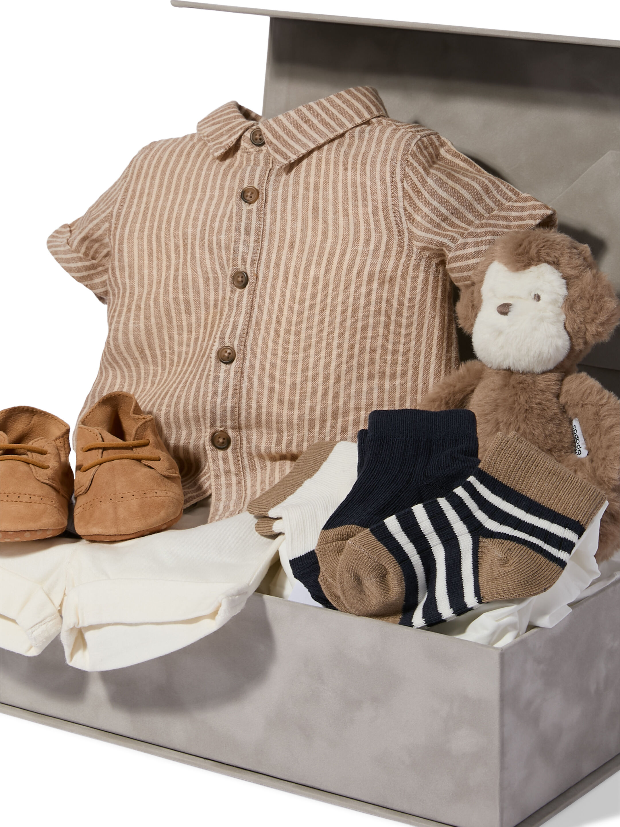 Stripped 2 Piece Suit - 5 Piece Gift Set with Suede Pram Shoes and Soft Toy Monkey Beanie image number 2